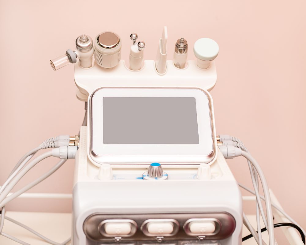 HydraFacial device applying gentle suction to cleanse and hydrate facial skin.